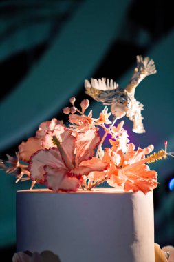 Parça parça düğün pastası çiçekleri, kuşlar