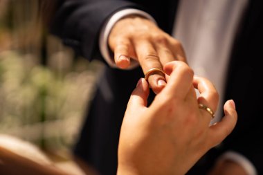 Damat ve gelin birbirlerine yüzük taktılar. düğün.