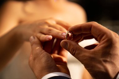 Damat ve gelin birbirlerine yüzük taktılar. düğün.