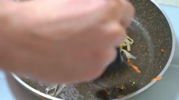 Udon noodles cooked in a pan with carrots — Stock Video