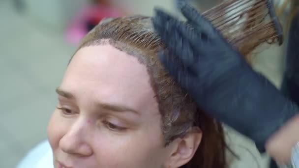 Färgning av hårfärgens rötter. Grå skuggning. — Stockvideo