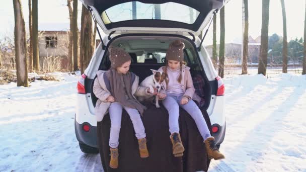 Dos hermanas sentadas en el maletero de un coche con perro — Vídeos de Stock