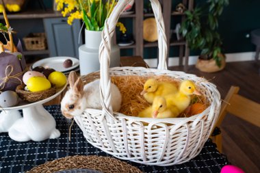 Masada beyaz tavşan ve üç ördek beyazı sepet var.
