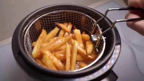 Mini-Fritteuse zu Hause bekommt einen Korb mit Pommes. — Stockvideo