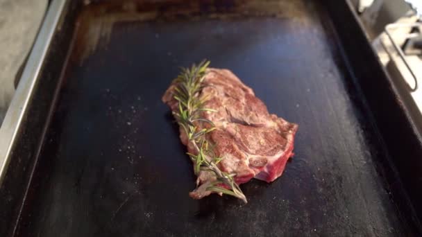 На гарячій тарілці велике смажене м'ясо з розмарином — стокове відео