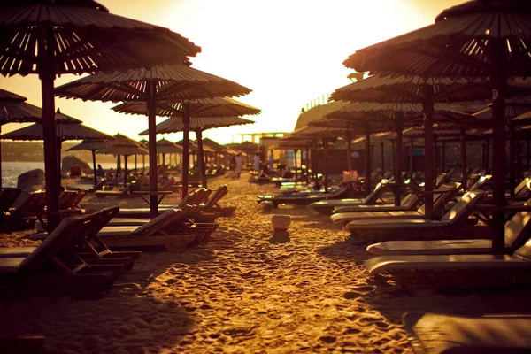 Beach with umbrellas and sunbeds without tourists — Stock Photo, Image