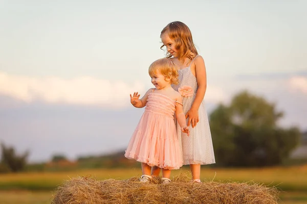 Kız çocuklar buğday tarlasında samanlıkta duruyor. — Stok fotoğraf