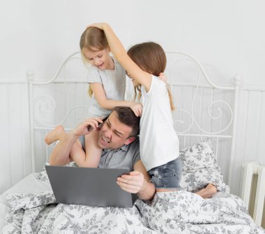 daughters interfere dad computer work at home clipart