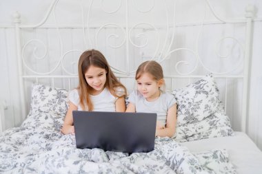 çocuk kız kardeşler bilgisayar üzerinden video bağlantısı ile konuşurlar