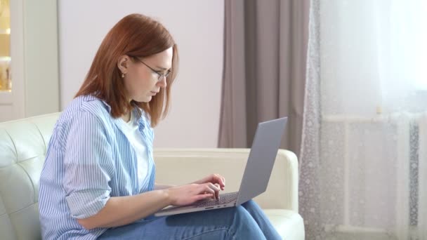 Mujer independiente trabajando, escribiendo en el sofá en casa . — Vídeo de stock