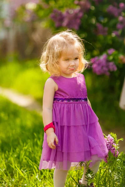 Vtipné dítě dívka v blízkosti keře šeříku s kyticí — Stock fotografie