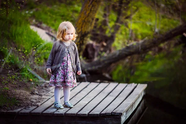 Küçük tatlı kız gölün üzerinde tahta köprüde duruyor. — Stok fotoğraf