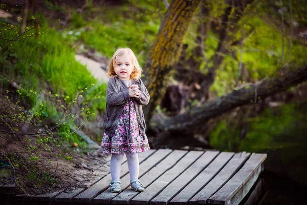 Gamin mignonne fille debout sur pont en bois sur étang — Photo