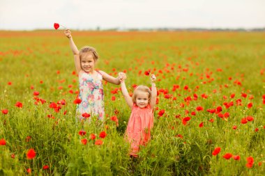 Haşhaş tarlasında çiçek toplayan güzel çocuklar