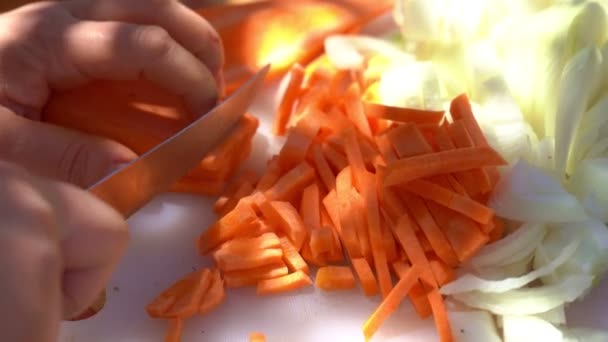 Χέρια κόβουν ένα μαχαίρι ένα καρότο για μαγείρεμα. — Αρχείο Βίντεο