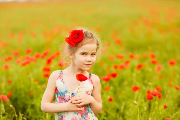 Hermoso niño recogiendo flores en el campo de amapola — Foto de Stock