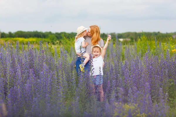 Moeder en dochters in het veld met paarse bloemen — Stockfoto