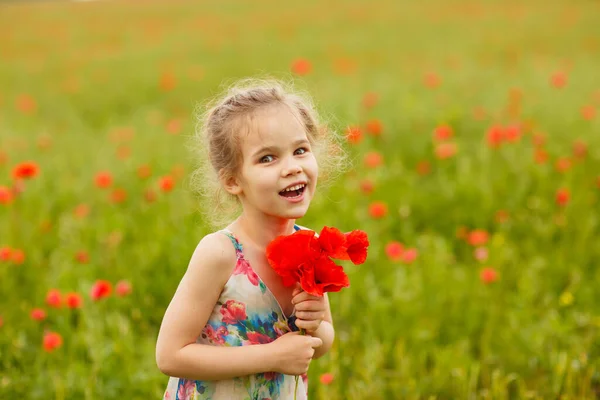 양귀비 들판에서 꽃송이를 따는 아름다운 어린이 — 스톡 사진
