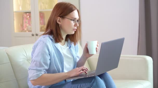Freelancer woman working at computer, drinks tea. — Stock Video