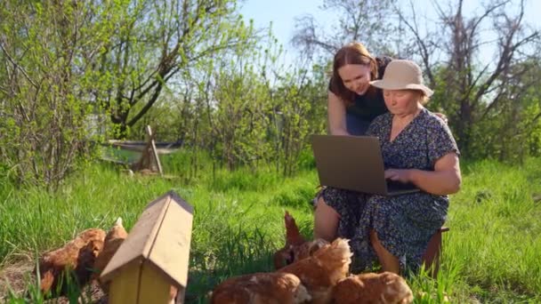 Daughter teaches elderly mom to work on computer — Stock Video