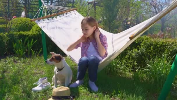 Cão encontra-se na grama e crianças mãos acidente vascular cerebral ela — Vídeo de Stock