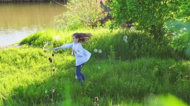 Holčička nafukovat mýdlové bubliny na piknik — Stock video