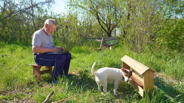 Anciano con un portátil en la aldea con pollo — Foto de Stock