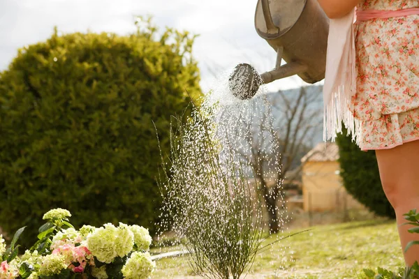 Regar lata para regar flores em mãos de menina — Fotografia de Stock