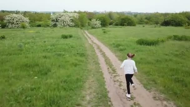 Uma adolescente corre em um caminho em um campo . — Vídeo de Stock