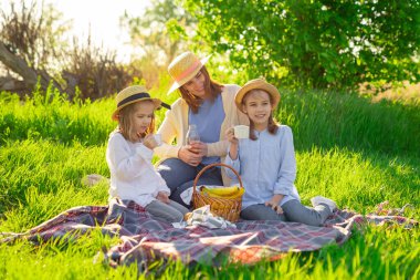 Çimenlikteki piknikte şapkalı bir anne..