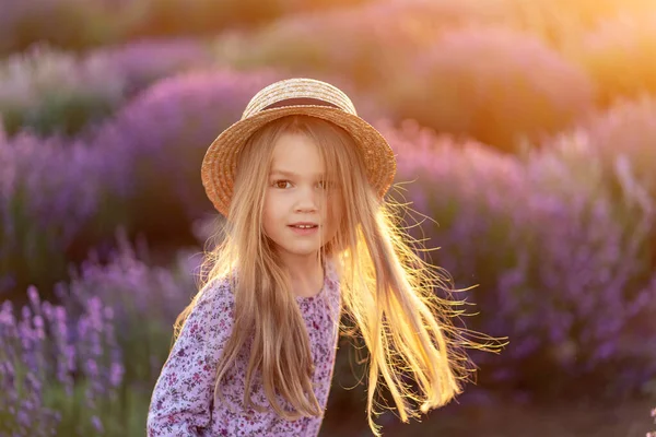 Doe dicht. gebied van lavendel. klein meisje bij zonsondergang — Stockfoto