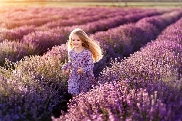 Een veld lavendel. Een meisje op de vlucht. Zonsondergang. — Stockfoto