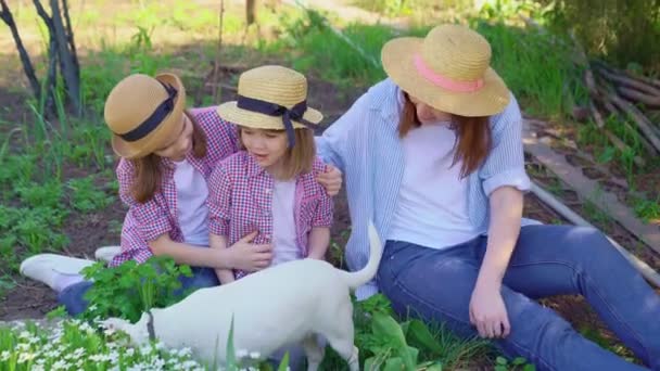 Maman avec des filles et un chien assis sur la pelouse — Video