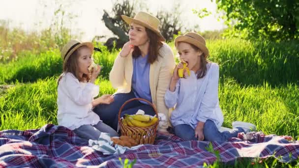 Mamma con figlie al picnic sul prato e mangiare frutta — Video Stock