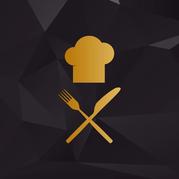 Šéfkuchař s nožem a vidličkou znamení. Zlatý styl na pozadí s mnohoúhelníky. — Stockový vektor