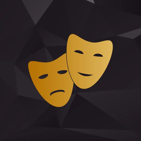Divadlo ikona s maskami smutných i veselých. Zlatý styl na pozadí s mnohoúhelníky. — Stockový vektor