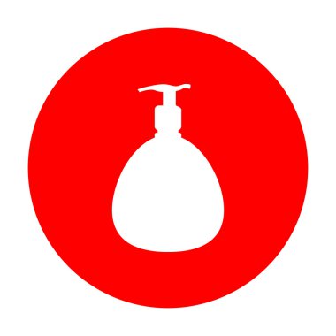Jel, köpük veya sıvı sabun. Dağıtıcı plastik şişe pompa siluet. Beyaz simgesi üzerinde kırmızı daire.