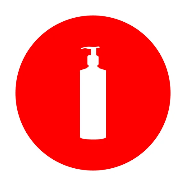 Gel, espuma ou sabão líquido. Dispensador Bomba silhueta garrafa de plástico. Ícone branco no círculo vermelho . — Vetor de Stock