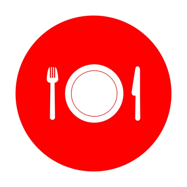 Mes, vork en plaat. Wit pictogram op de rode cirkel. — Stockvector