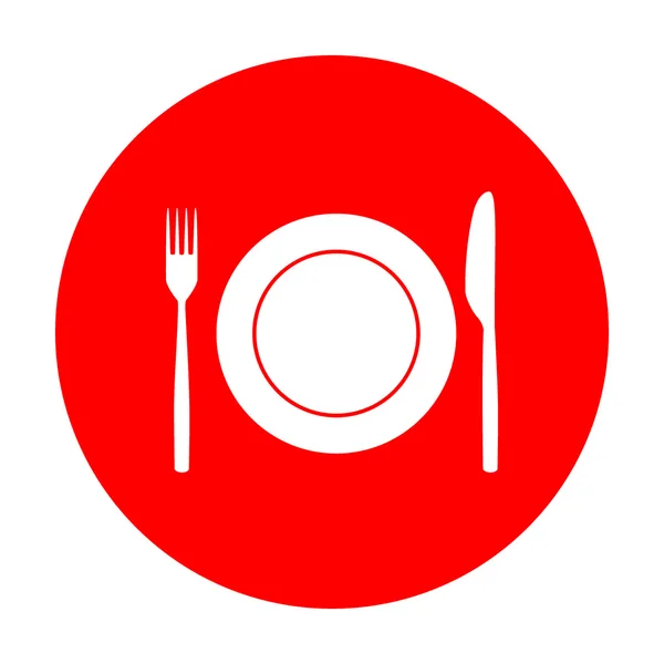 Forchetta, nastro adesivo e segno del coltello. Icona bianca sul cerchio rosso . — Vettoriale Stock
