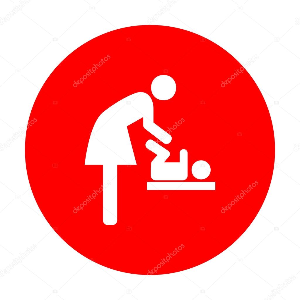 Symbol for women and baby, baby changing. White icon on red circle.