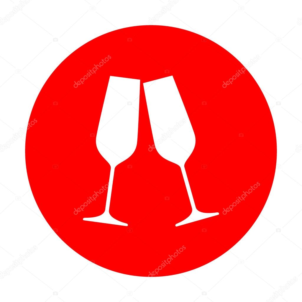 Sparkling champagne glasses. White icon on red circle.