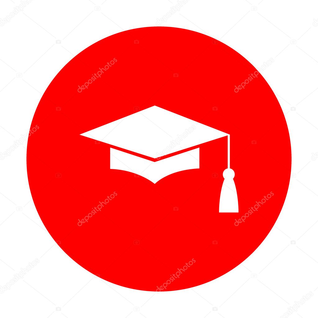 Mortar Board or Graduation Cap, Education symbol. White icon on red circle.