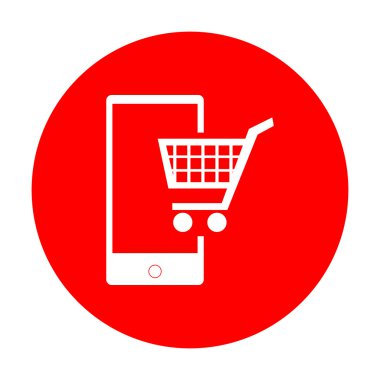 Akıllı telefon tabelada alışveriş. Beyaz simgesi üzerinde kırmızı daire.