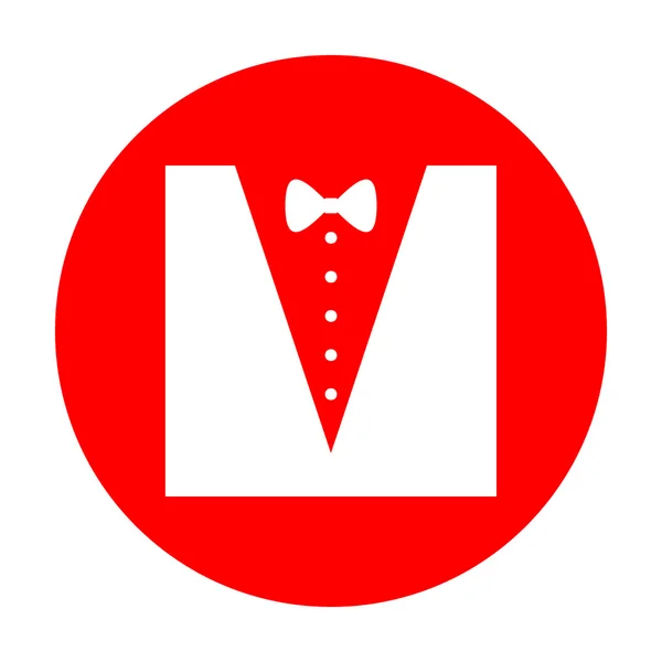 Tuxedo with bow silhouette. White icon on red circle. — Stock Vector