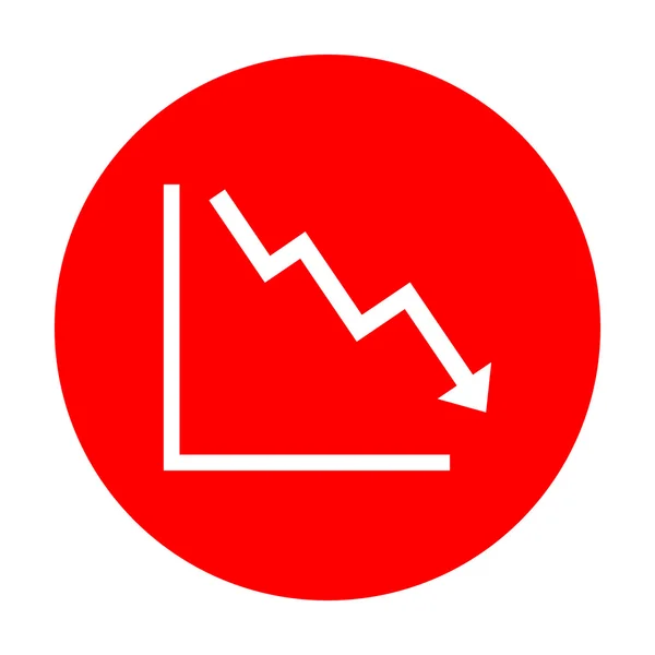 Arrow pointing downwards showing crisis. White icon on red circle. — Stock Vector