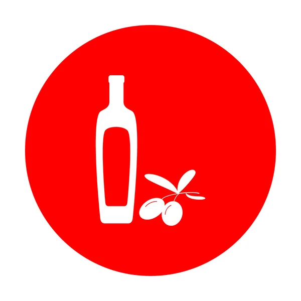 Black olives branch with olive oil bottle sign. White icon on red circle. — Stock Vector