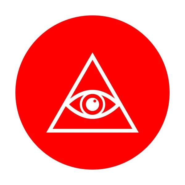 Tous voyant le symbole de la pyramide des yeux. Franc-maçon et spirituel. Icône blanche sur cercle rouge . — Image vectorielle