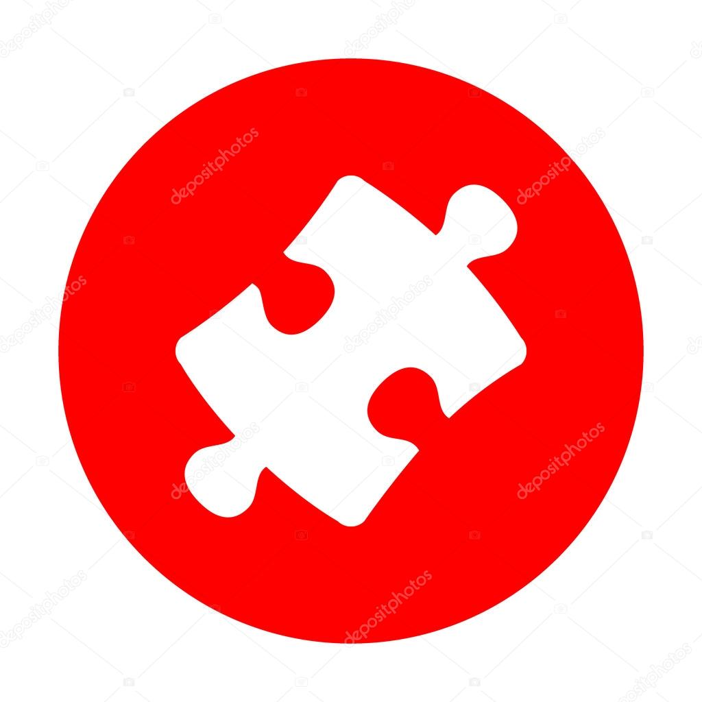 Puzzle piece sign. White icon on red circle.