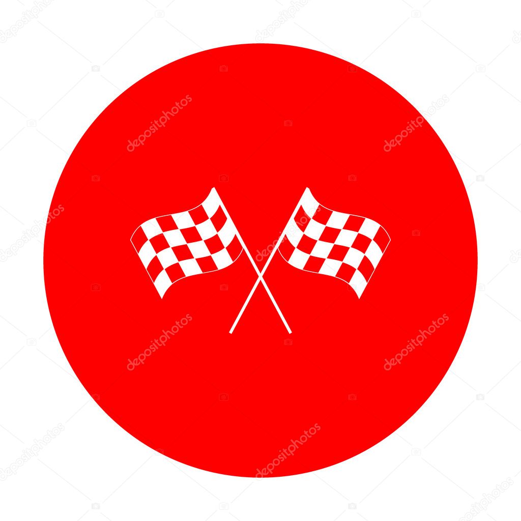 Crossed checkered flags logo waving in the wind conceptual of motor sport. White icon on red circle.